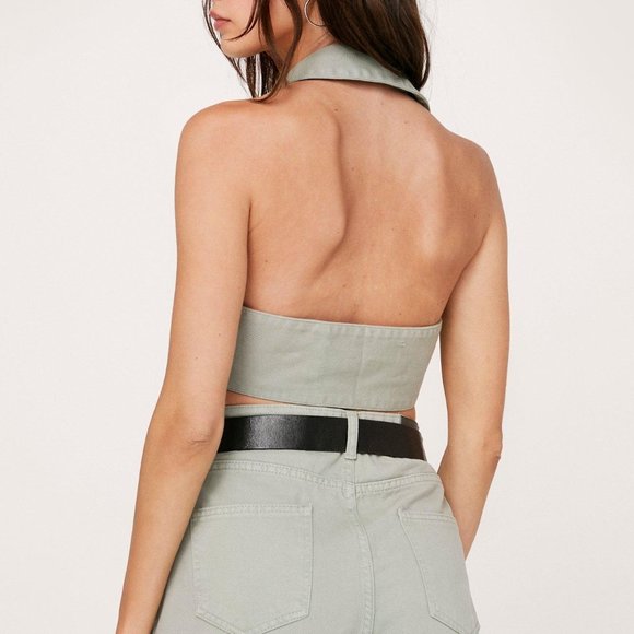 NWT Nasty Gal Organic Cotton Halter-Neck Cropped Denim Top Sage 10 - Picture 4 of 4